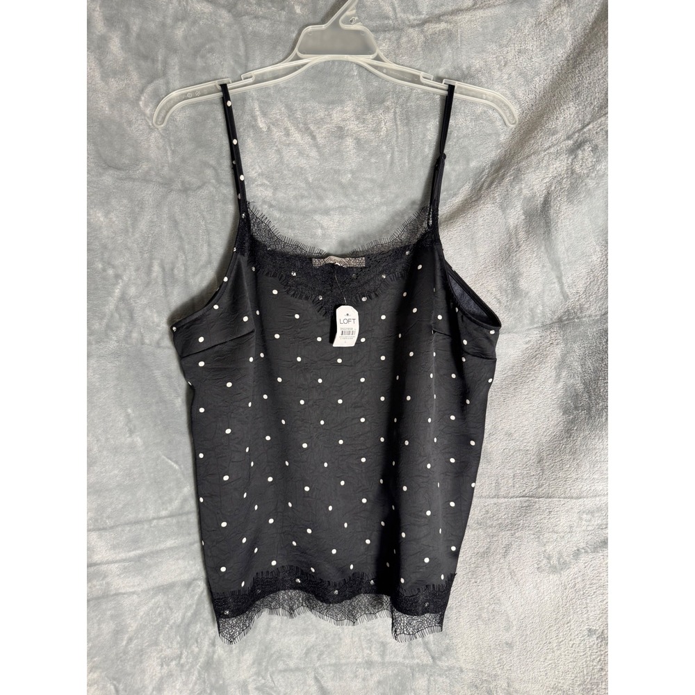 LOFT Black Polka Dot Lace Trim Camisole Top Adjustable Straps‎ NWT Size L
